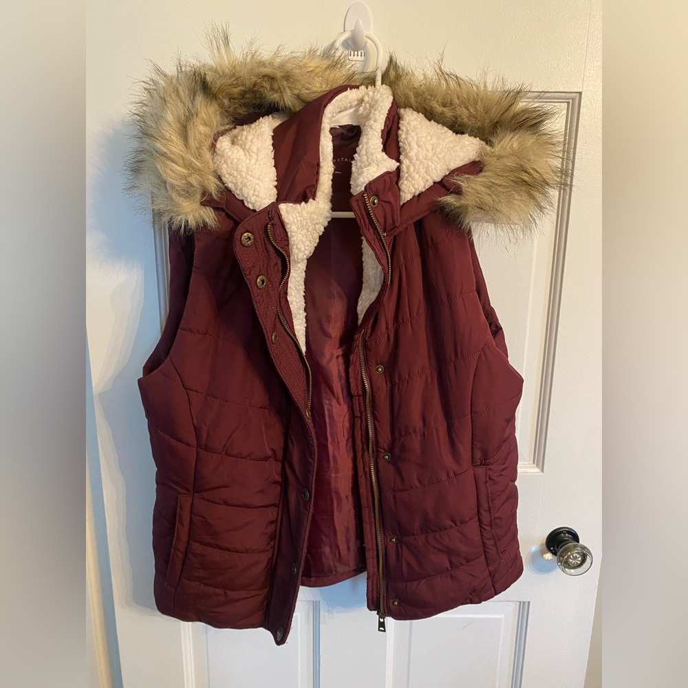 Aeropostale Burgundy Puffer Vest with Faux Fur Hood